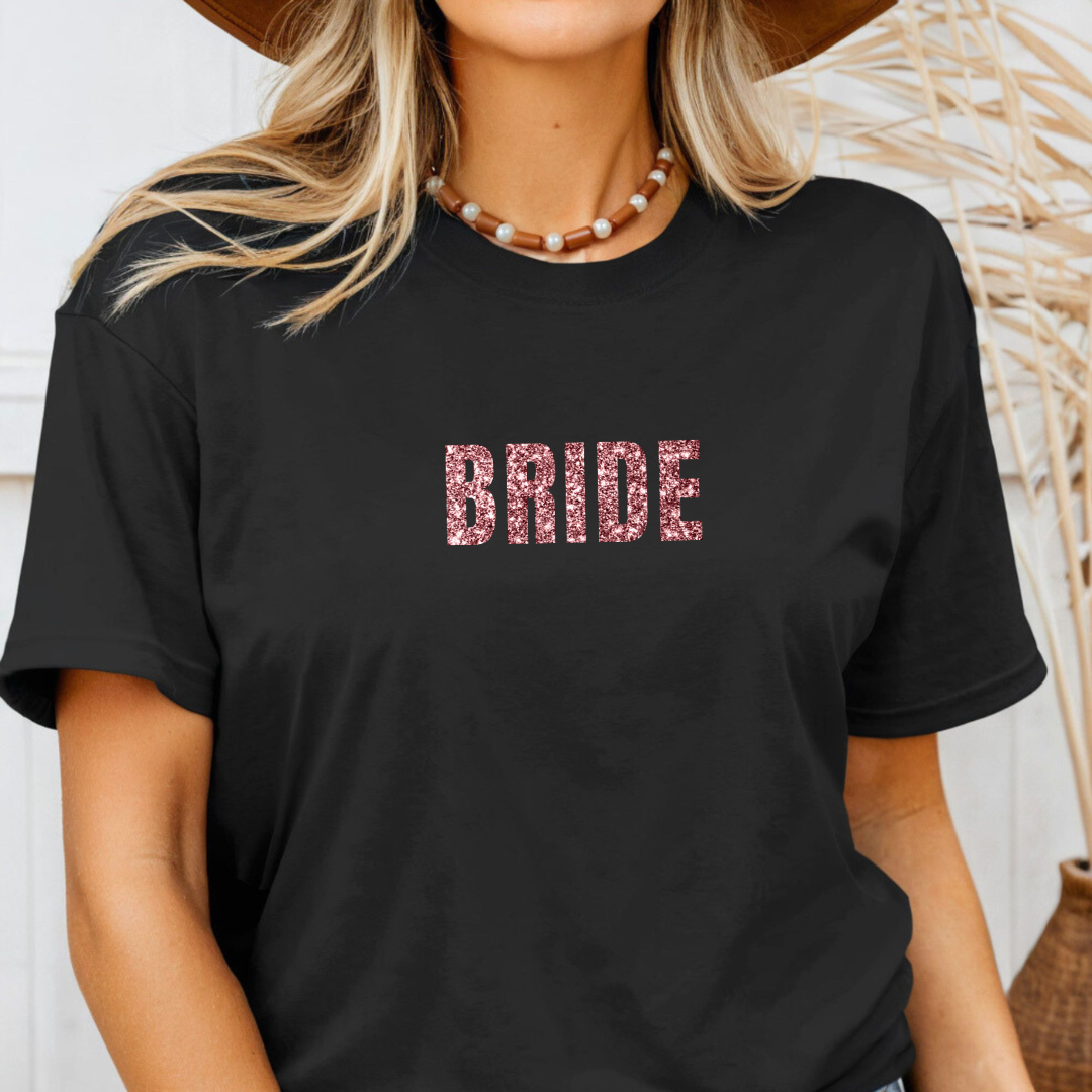 Bride T-Shirt – Rose Gold Glitter Print | Bachelorette & Hen Party Outfit